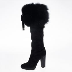 مملوكة مسبقًا Dior Black Suede Cannage Fur Detail Knee Length Boots Size 37
