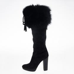 مملوكة مسبقًا Dior Black Suede Cannage Fur Detail Knee Length Boots Size 37