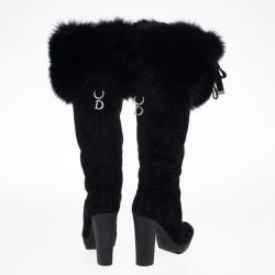 مملوكة مسبقًا Dior Black Suede Cannage Fur Detail Knee Length Boots Size 37