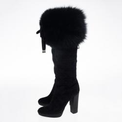 مملوكة مسبقًا Dior Black Suede Cannage Fur Detail Knee Length Boots Size 37