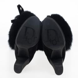 مملوكة مسبقًا Dior Black Suede Cannage Fur Detail Knee Length Boots Size 37