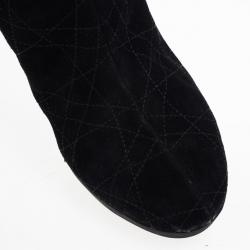 مملوكة مسبقًا Dior Black Suede Cannage Fur Detail Knee Length Boots Size 37