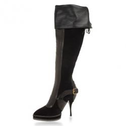 Pre Owned Christian Dior Black Suede & Leather Lace Up Intrigante Over The Knee Boots Size 38