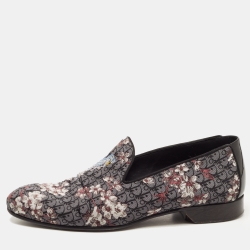 Christian Dior Black/Grey Embroidered Fabric and Patent Leather Smoking Slippers Size 41