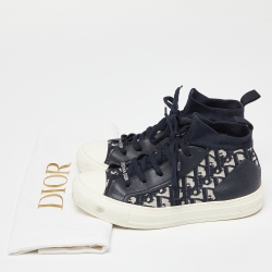 Pre Owned Dior Navy Blue/White Oblique Knit Fabric and Leather Walk'n'Dior High Top Sneakers Size 39