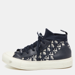 Pre Owned Dior Navy Blue/White Oblique Knit Fabric and Leather Walk'n'Dior High Top Sneakers Size 39