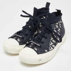 Pre Owned Dior Navy Blue/White Oblique Knit Fabric and Leather Walk'n'Dior High Top Sneakers Size 39