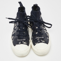 Pre Owned Dior Navy Blue/White Oblique Knit Fabric and Leather Walk'n'Dior High Top Sneakers Size 39