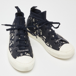 Pre Owned Dior Navy Blue/White Oblique Knit Fabric and Leather Walk'n'Dior High Top Sneakers Size 39