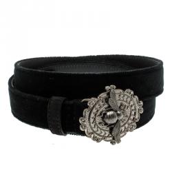 Pre Owned Dolce and Gabbana Black Velvet Bee Buckle Belt 115cm