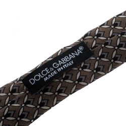 Dolce and Gabbana Brown Printed Silk Crepe Super Skinny Tie
