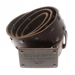 مملوكة مسبقًا Dolce & Gabbana Brown Leather Studs Plaque Buckle Belt 105cm