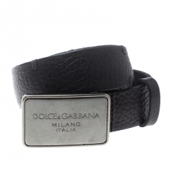 Pre Owned Dolce & Gabbana Black Pebbled Leather Logo Plaque Belt 100cm