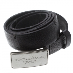 Pre Owned Dolce & Gabbana Black Pebbled Leather Logo Plaque Belt 100cm