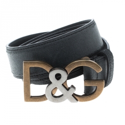 Pre Owned Dolce & Gabbana Dark Grey Leather D&G Buckle Belt 100cm