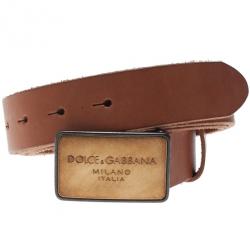 Pre Owned Dolce and Gabbana Beige Leather Logo Plaque Belt 105CM