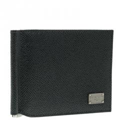 Pre Owned Dolce and Gabbana Dark Grey Leather Money Clip Bifold Card Holder