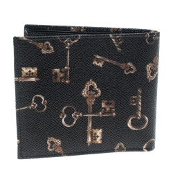 Pre Owned Dolce and Gabbana Black Key Print Leather Bifold Wallet