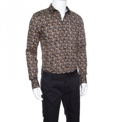 Pre Owned Dolce and Gabbana Sicilia Brown Key Printed Cotton Long Sleeve Button Front Shirt L