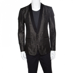 Dolce and Gabbana Gold Grey Metallic Jacquard Satin Trim Tuxedo Blazer M