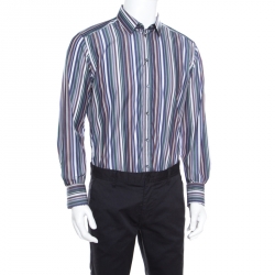 Pre Owned Dolce and Gabbana Gold Multicolor Striped Cotton Johnny Depp Shirt L