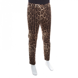 Pre Owned بنطلون دولتشي أند غابانا مدبب قطن متمدد بنقوش فهد بني L