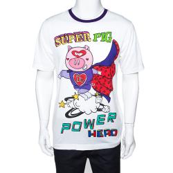 مملوكة مسبقًا Dolce & Gabbana White Print Cotton Super Pig T Shirt IT 48