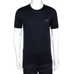 Pre Owned Dolce & Gabbana Dark Blue Cotton Logo Plaque Crew Neck T Shirt IT 50