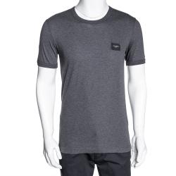 Pre Owned Dolce & Gabbana Grey Cotton Logo Plaque Crew Neck T Shirt IT 46