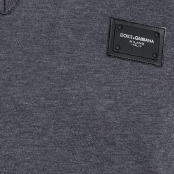 Pre Owned Dolce & Gabbana Grey Cotton Logo Plaque V Neck T Shirt IT 48