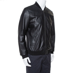 Pre Owned Dolce & Gabbana Black Leather Zip Front Bomber Jacket XL