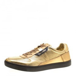 Pre Owned Dolce and Gabbana Metallic Gold Perforated Leather Sneakers Size 45