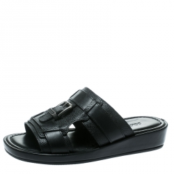 Dolce and Gabbana Black Leather Buckle Platform Slide Sandals Size 40.5