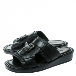 Dolce and Gabbana Black Leather Buckle Platform Slide Sandals Size 40.5