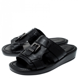 Dolce and Gabbana Black Leather Buckle Platform Slide Sandals Size 40.5