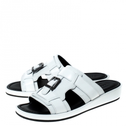 Dolce and Gabbana White Leather Buckle Platform Slide Sandals Size 43
