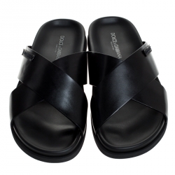 Dolce and Gabbana Black Leather Cross Strap Sandals Size 42