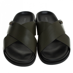 Pre Owned Dolce and Gabbana Olive Green Leather Cross Strap Sandals Size 45