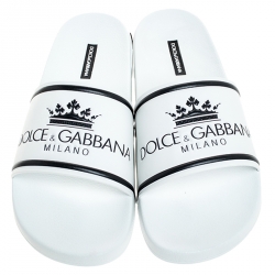 Dolce and Gabbana White Leather Crown Logo Slip On Slides Size 41