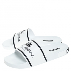 Dolce and Gabbana White Leather Crown Logo Slip On Slides Size 45