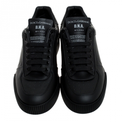 Pre Owned Dolce and Gabbana Black Leather Miami Logo Trainer Sneakers Size 42.5