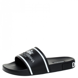 Dolce and Gabbana Black Leather Crown Logo Slip On Slide Size 40