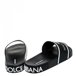 Dolce and Gabbana Black Leather Crown Logo Slip On Slide Size 40