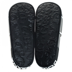Dolce and Gabbana Black Leather Crown Logo Slip On Slides Size 44