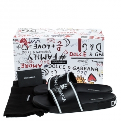 Dolce and Gabbana Black Leather Crown Logo Slip On Slides Size 41