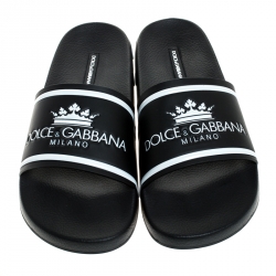 Dolce and Gabbana Black Leather Crown Logo Slip On Slides Size 41