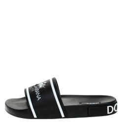 Dolce and Gabbana Black Leather Crown Logo Slip On Slides Size 43