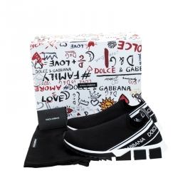 Pre Owned Dolce and Gabbana Black Stretch Fabric Sorrento Logo Slip On Sneakers Size 42