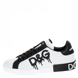 Dolce and Gabbana Black/White Leather Logo Detail Low Top Sneakers Size 46