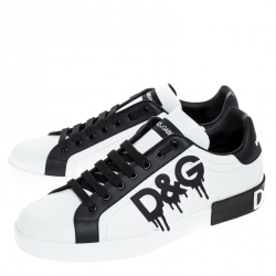Dolce and Gabbana Black/White Leather Logo Detail Low Top Sneakers Size 46